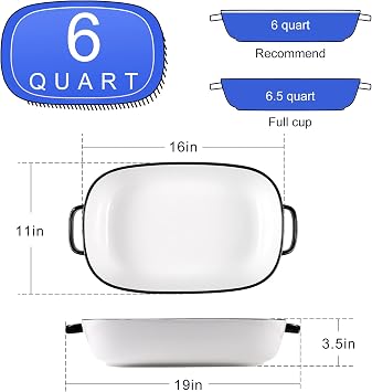 6 Quart Large Rectangular Baking Dish, 16x11 Inches Ceramic Baking Pan Serving Bakeware for Cooking, Safe for Oven Microwave Refrigerator Disinfection Cabinet and Dishwasher,White