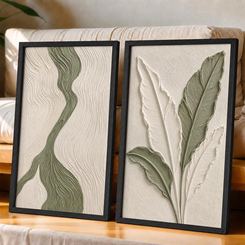 Image of NoWorries Textured Botanical Leaf Wall Painting Set of 2 with Frame | Sage Green & Beige Abstract Nature Artwork, Minimal Modern Wall Decor for Living Room, Bedroom, Office and Home Decoration (Art-11, 25x37inch)