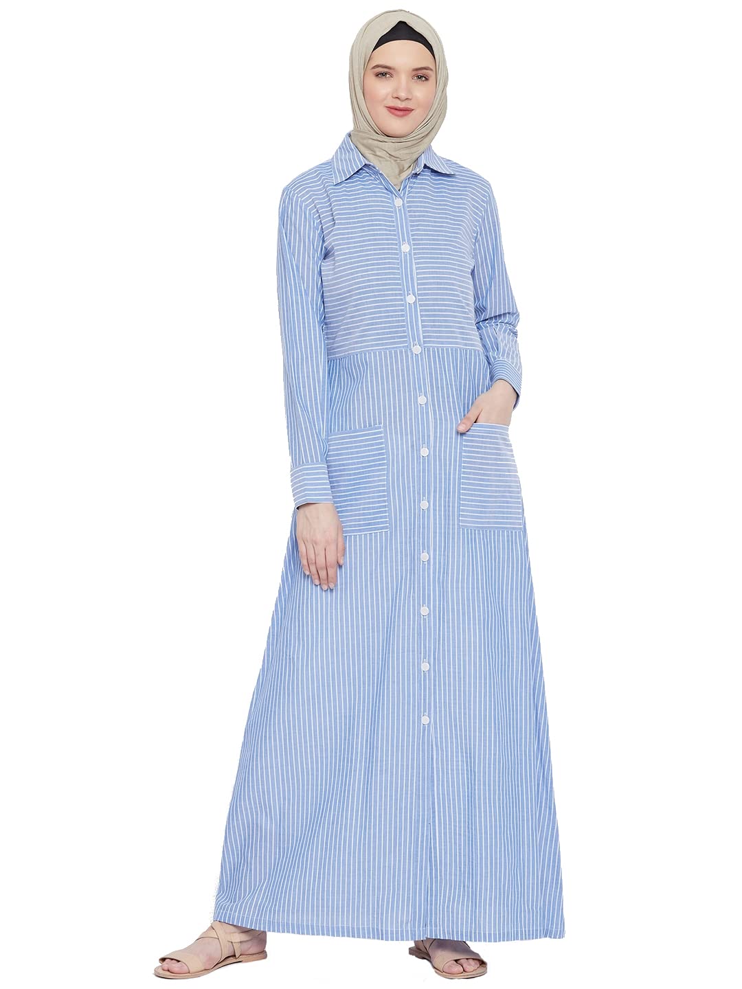 Momin LibasRoyal Blue Cotton Stripe Front Open Abaya Burqa