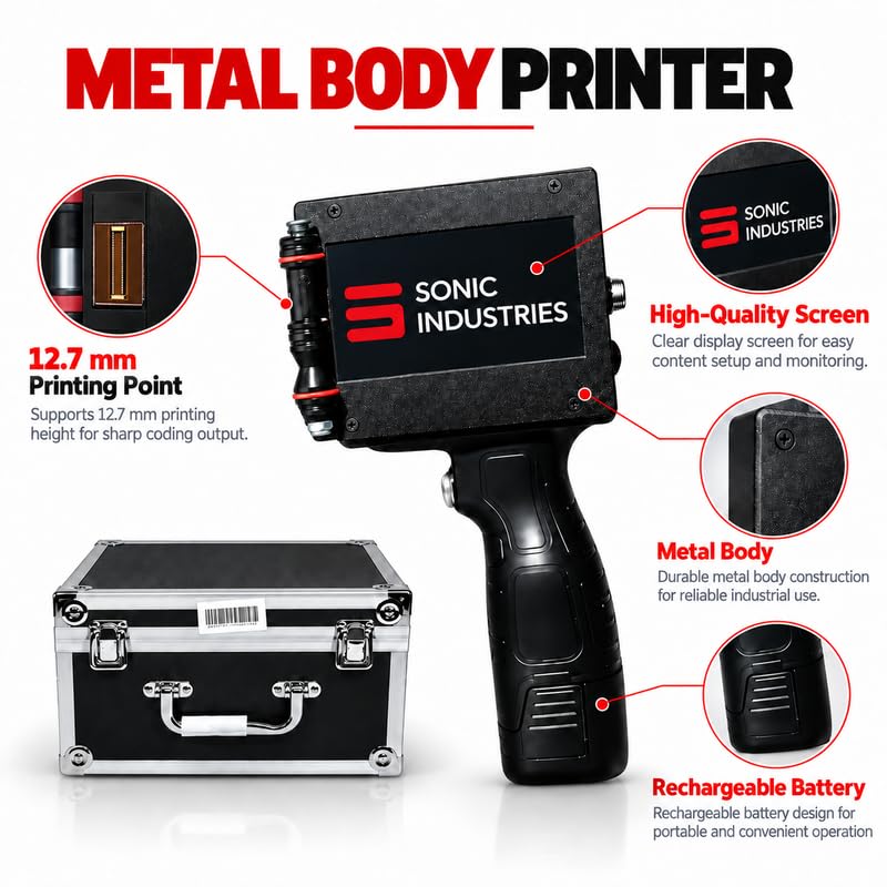 Image of SONIC INDUSTRIES Metal Body Handheld Thermal Inkjet Printer for MRP, Batch Code, Date, Expiry, Barcode & QR Code Printing