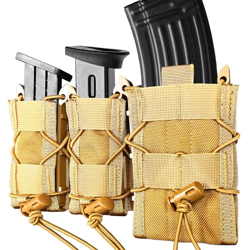 Lyska 2 Packs Molle 5.56 7.62mm Mag Pouch & 9mm Magazine Holster Combo for Rifle Pistol, Universal Open-Top Double Single/Mags Carrier for AR/Glock /.40 Cal / 45 ACP/S&W M&P (Tan)