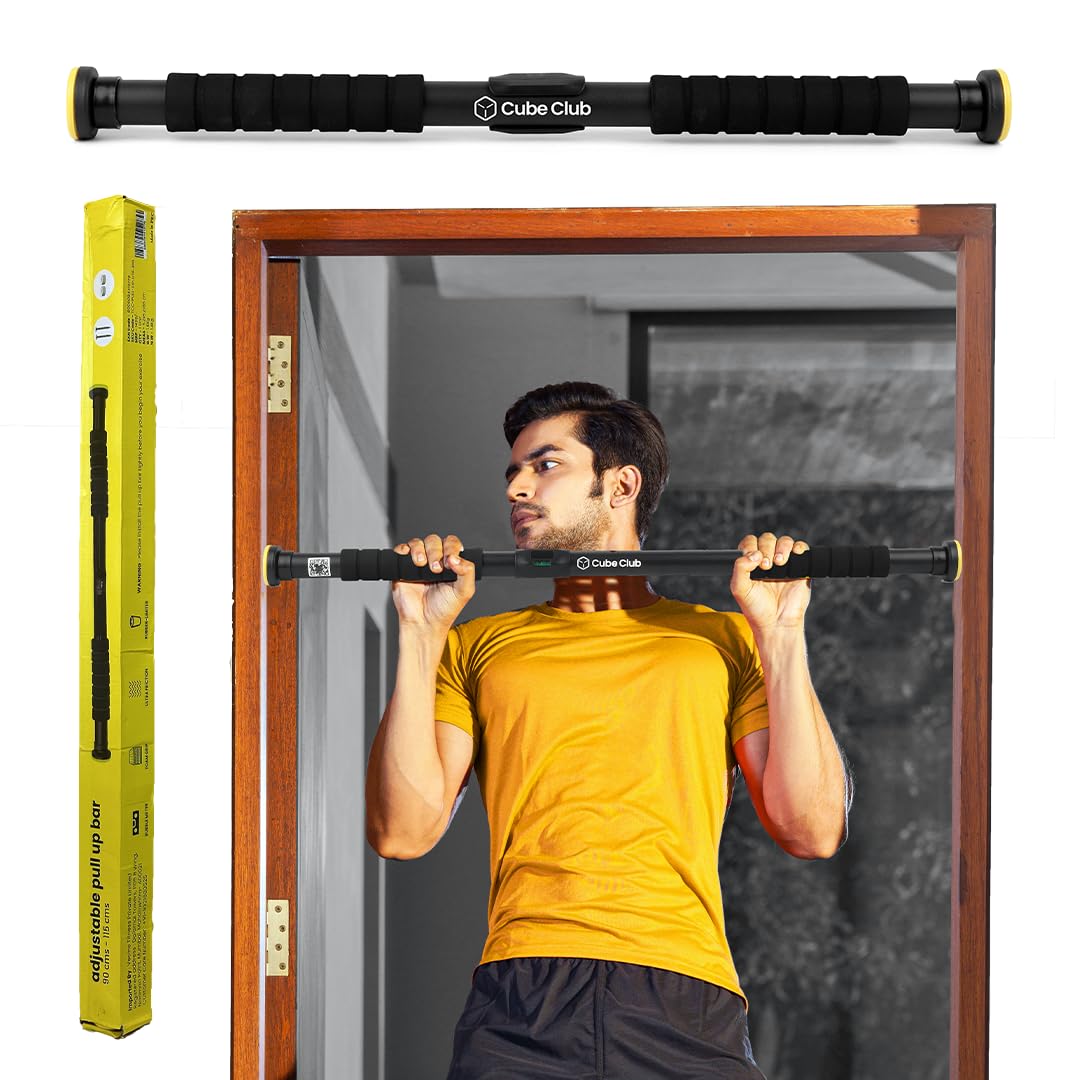 The Cube Club Pull Up Bar Doorway Adjustable Length (63cm-95cm) Hanging Rod Chin Up Bar for Home Workout with Bubble Meter | Door Pullup Exercise Equipment Hanging Rod Capacity 200Kg (1 Year Warranty)