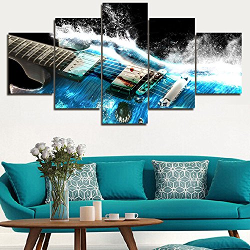 Black Friday Clearance 5 Pieces Oil Painting Artistic Blue Guitar Water Waves Music Painting Pictures Prints On Canvas Home Kitchen Hall Wall Art Decoration Hanging Framed by Art Gallery-wrapped Ready to Hang(60''Wx32''H)