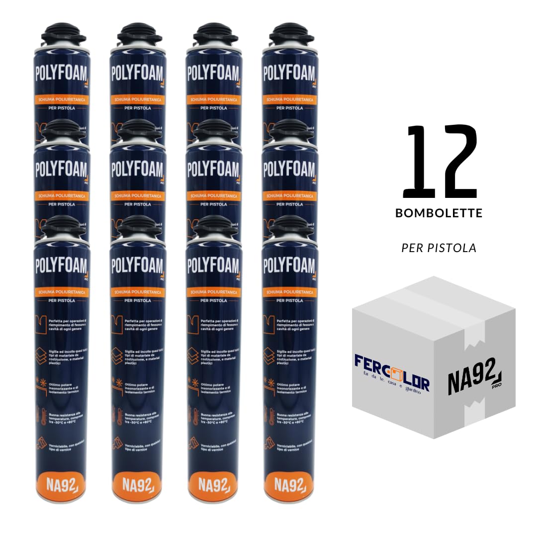POLYFOAM Schiuma Poliuretanica Universale per Sigillare Incollare Riempire Isolare Coibentare Insonorizzare 750ML NA92 PRO (12, Per Pistola)