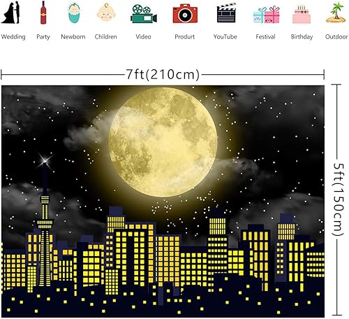 Miniatura 6 de Telón de fondo de superhéroe de Super City para fotografía, 7 x 5 pies, color amarillo, luna llena, horizonte, paisaje urbano, fondo de foto, baby