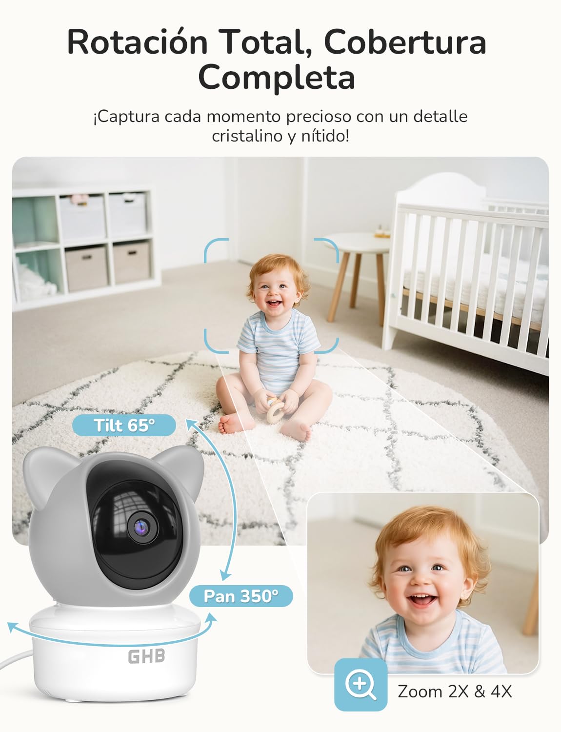 GHB Camara Vigilancia Bebe App WiFi 2K 5 Pulgadas Vigilabebes con Camara PTZ 350°/65° Detección de Movimiento/Sonido/Temperatura/Humedad Visión Nocturna 4XZoom VOX Control de Monitor y Movil