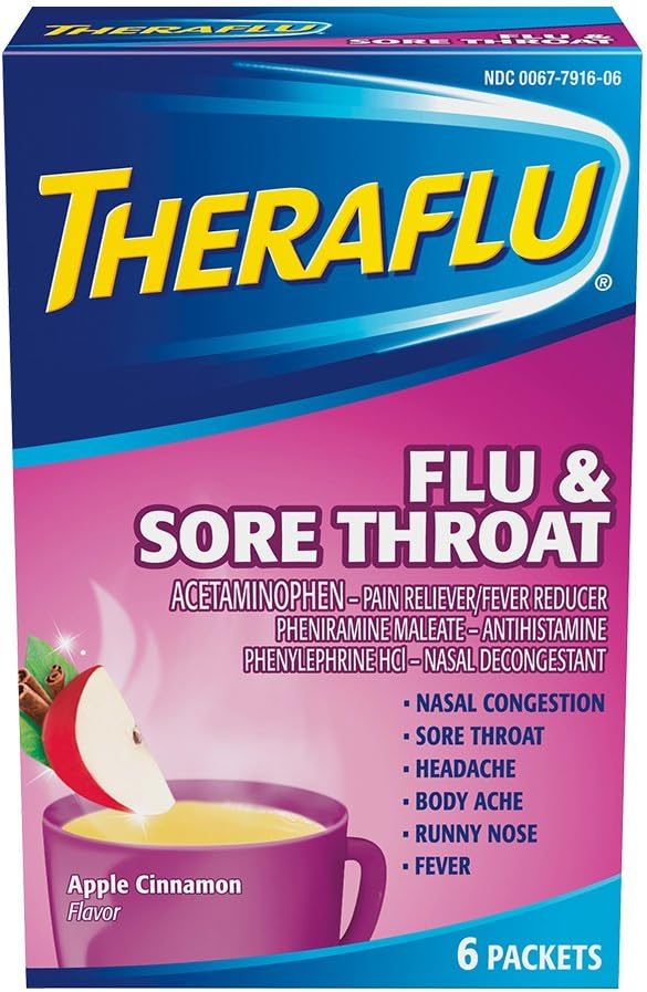 Theraflu Flu &amp; Sore Throat Packets Apple Cinnamon Flavor - 6 ct, Pack of 2