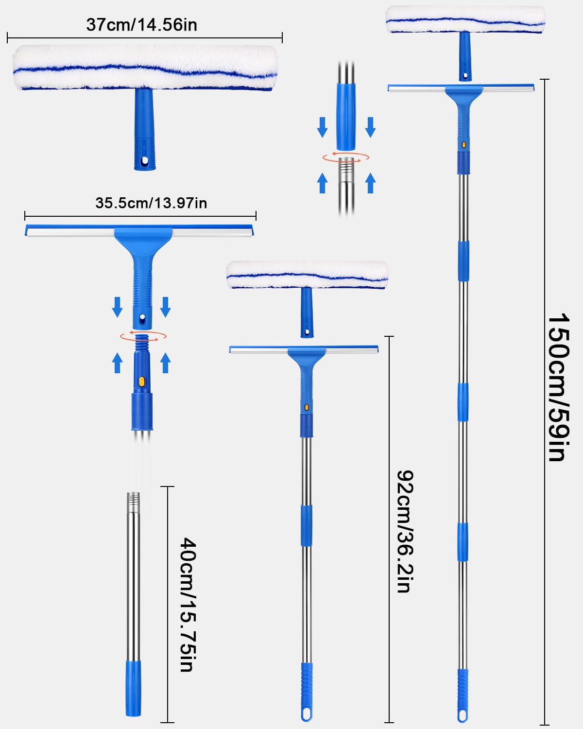Lavavetri Telescopico Kit con 150cm Manico Telescopico 2 in 1 con Spazzola Lavavetri 37cm e Tergivetro per Finestre in Silicone 35cm per Pulizia Vetri Finestre Interni ed Esterni