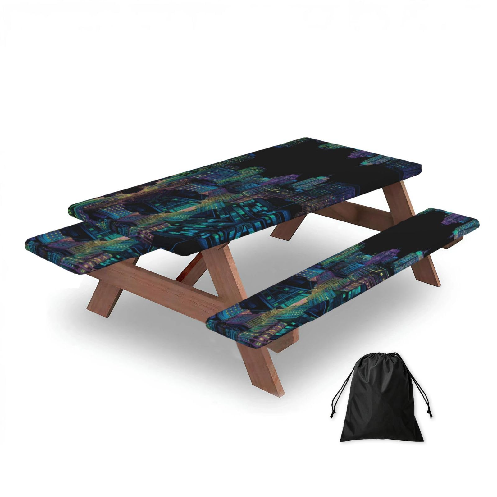 ESNAIUVCD Neon-Lit Cityscape Print Picnic Table Cover With Bench Covers,Camping Essentials,Fitted Tablecloth Cover With Elastic Edge, For Indoor & Outdoor 3 Pcs