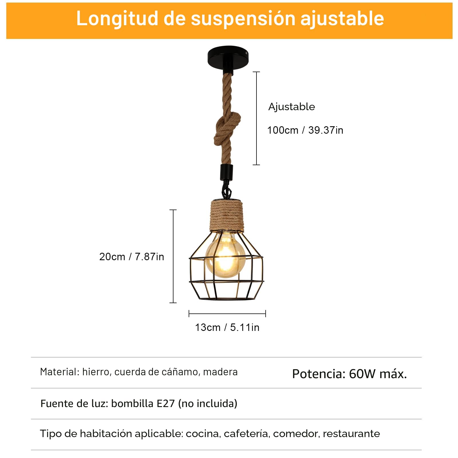 Vintage Lámpara Colgante Madera Cuerda de Cáñamo, Lámpara de Techo Colgante Altura Ajustable, Luz Colgante Industrial Retro E27 para Comedor, Salon, Cafetería