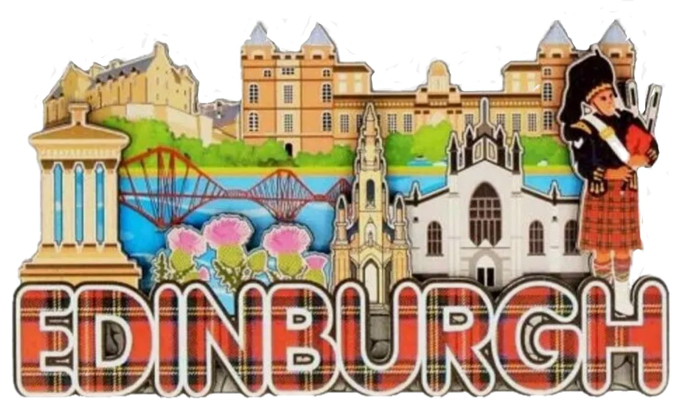 Edinburgh Skyline Fridge Magnet Tartan Word Scotland Scottish Souvenir Bagpiper