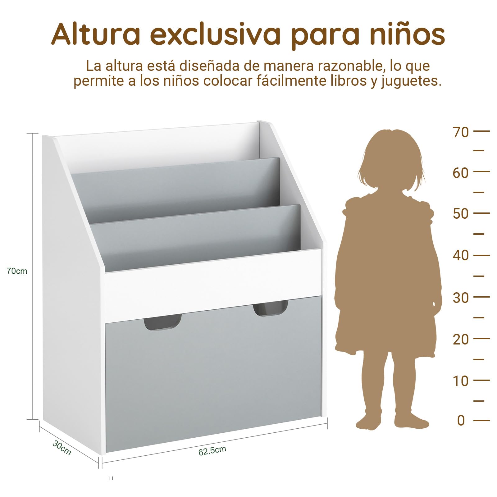 SoBuy Bibliothèque Enfant, Meuble Rangement Enfant avec 3 Niveaux et 1 Boîte de Rangement, Étagère Livre et Meuble Rangement Jouet pour Chambre, Coffre a Jouet, Blanc/Gris 62,5x30x70cm KMB17-HG