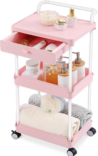 TOOLF Carrito de almacenamiento rodante con cajón, carrito utilitario rodante de 3 niveles con mesa, organizador de carrito rodante para profesores,