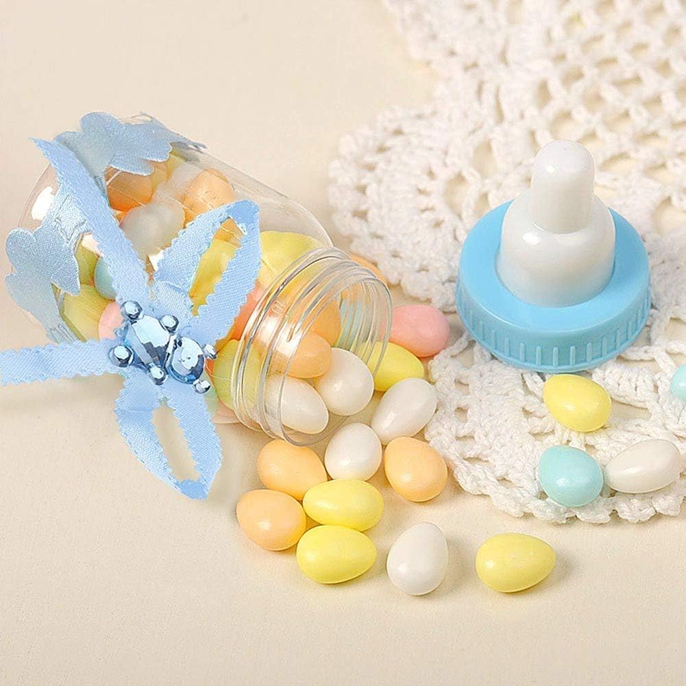 50 Pezzi doccia bambino Mini Biberon, Piccola bottiglia di plastica dell'orso della caramella con il nastro per il decoro della festa del battesimo del neonato della ragazza del ragazzo, Blu