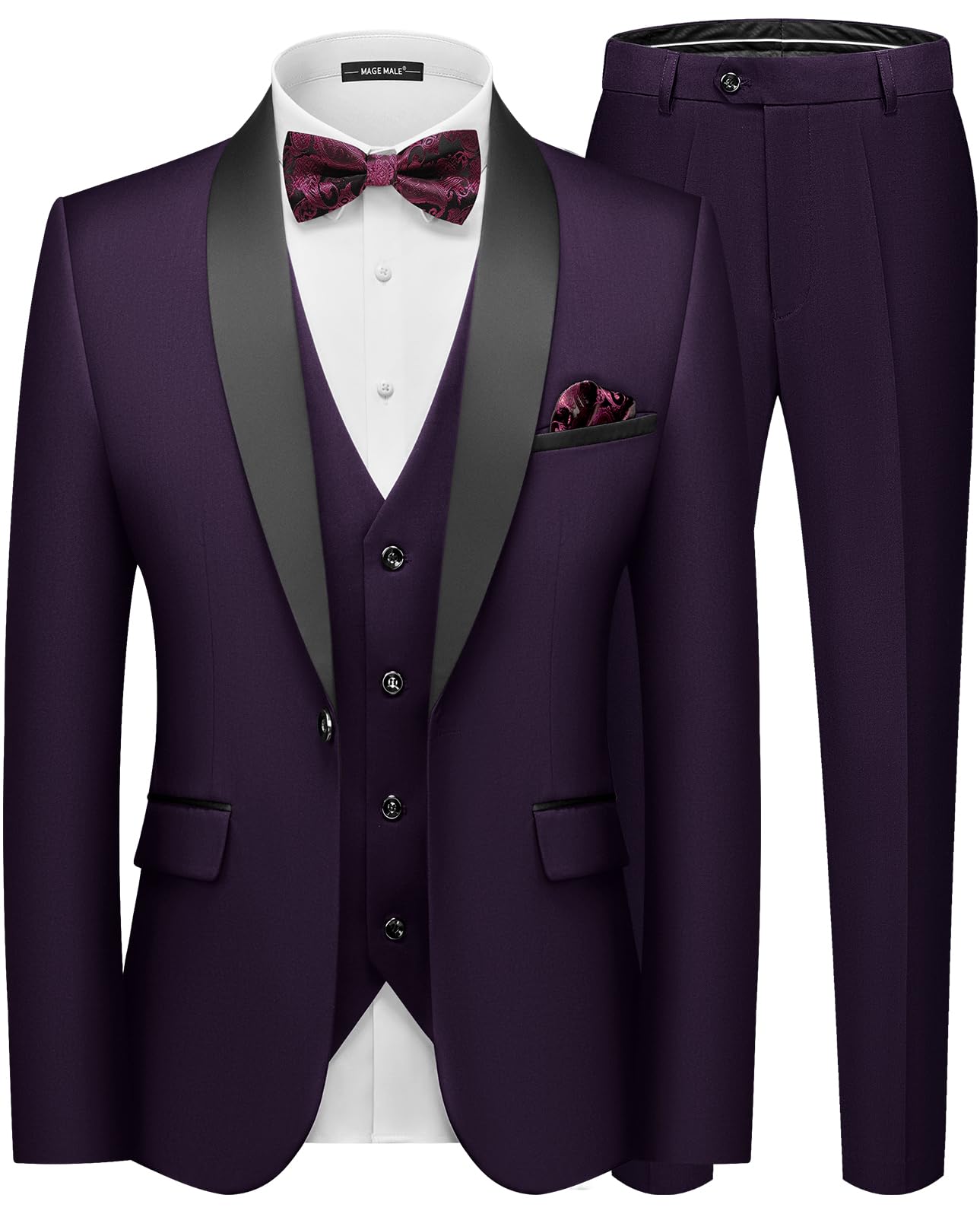 MAGE MALE Men's 3 Piece Tuxedo Suit Slim Fit Blazer Vest Pants Set | Wedding, prom;Adjustable waist straps & side tabs;Soft structured fabric with lasting drape;gift for family & friends