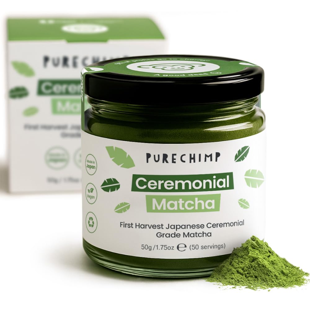 PureChimp Ceremonial Grade Matcha Powder 50g. 100% Pure Green Tea. Shade-Grown for MatchaLatte, Teas & Recipes. Recyclable Glass Jar. Antioxidant-Rich.