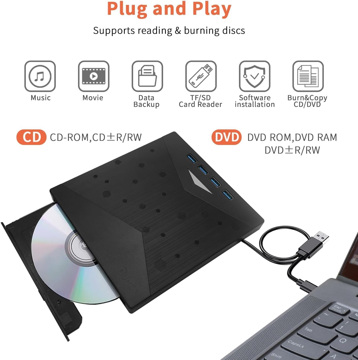 QUMOX Masterizzatore Esterno CD/DVD USB 3.0 con Hub 8-in-1, 4 Porte USB, Lettori Schede SD/TF, Ultra Sottile per PC/Mac/Linux, RGB