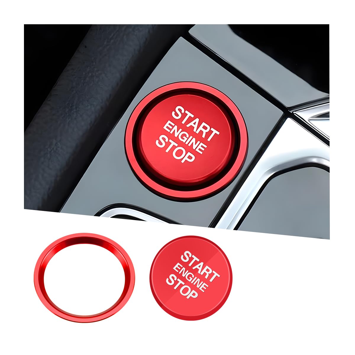 Mandark Car Engine Start Stop Push Botton Cover, Alumninum Vehicle Key Ignition Switch Knob Protector with Metal Ring Decal, Auto Decor Accessories Compatiable with A4 LA5 A6 LA7 Q5 Q7（Red）