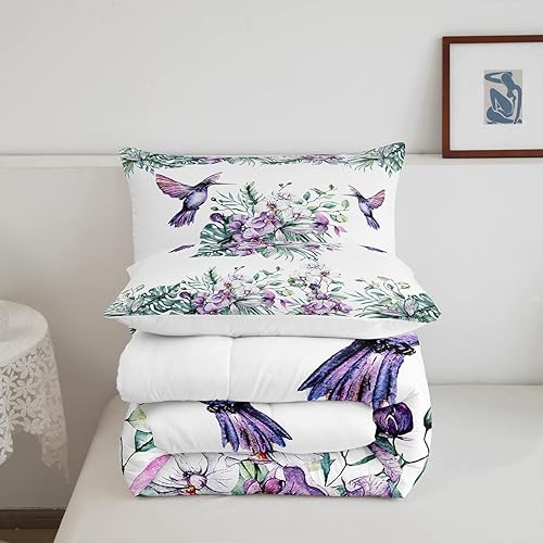 Miniatura 5 de Erosebridal Juego de ropa de cama de colibrí, flores moradas, tamaño Queen, para niños y niñas, edredón floral de jardín de lavanda, hojas de