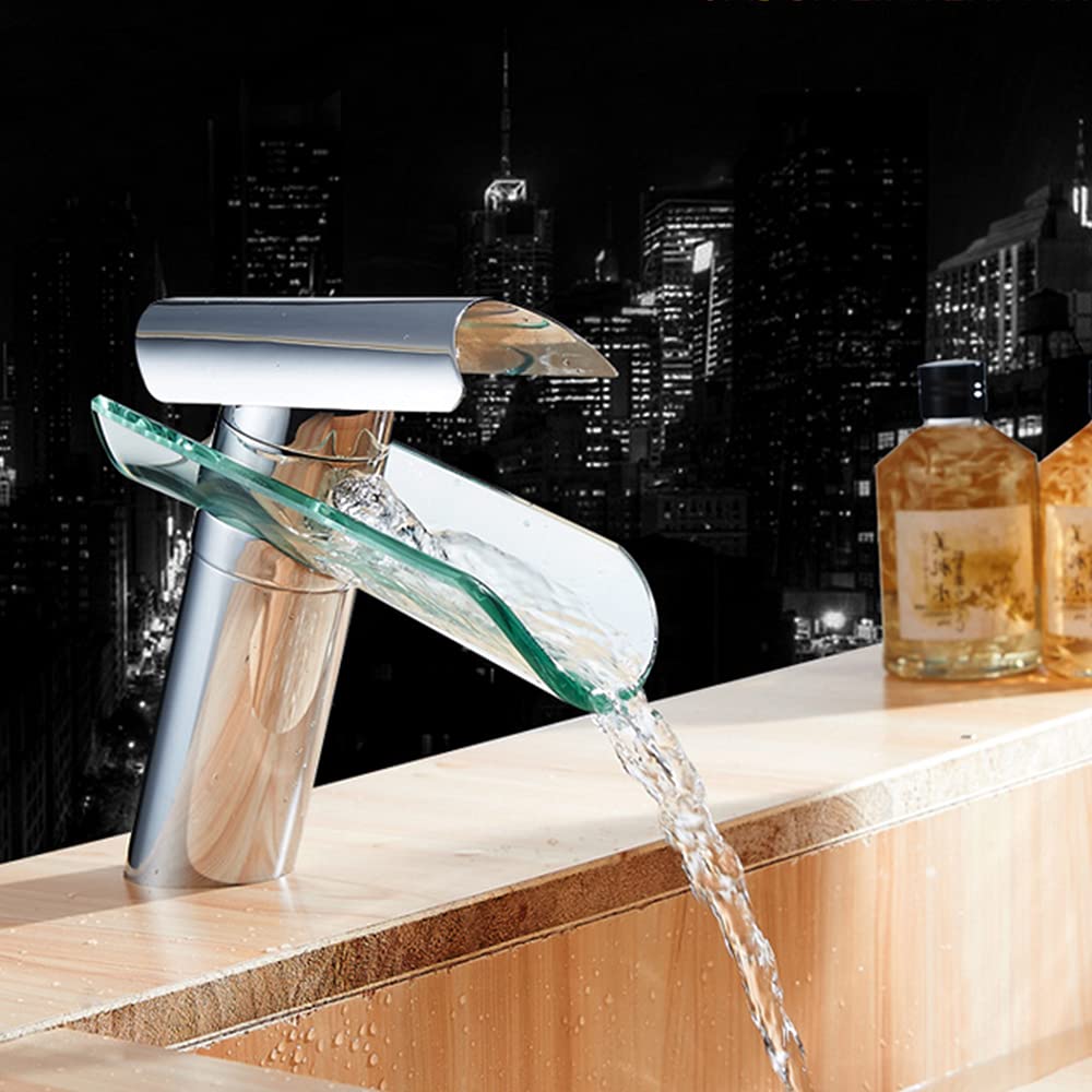 Robinet cascade en verre, mitigeur de lavabo de salle de bain, mitigeur monocommande, cuisine et salle de bain Robinet d'évier à poignée unique chromé