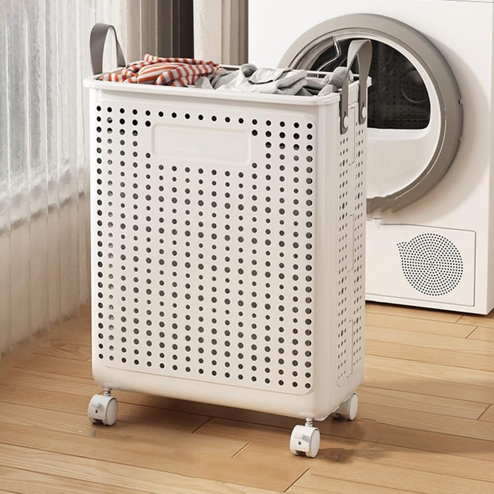 Panier à linge avec roulettes pliable pour désencombrer la salle de bain beige