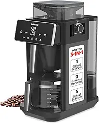 Gourmia Cafeteira para moer e preparar 10 xícaras – Moedor de rebarba embutido, 3 pontos fortes, display digital programável, pausar e servir, manter aquecido, desligamento automático, preto