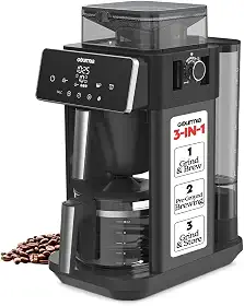 Gourmia Cafeteira para moer e preparar 10 xícaras – Moedor de rebarba embutido, 3 pontos fortes, display digital programável, pausar e servir, manter aquecido, desligamento automático, preto