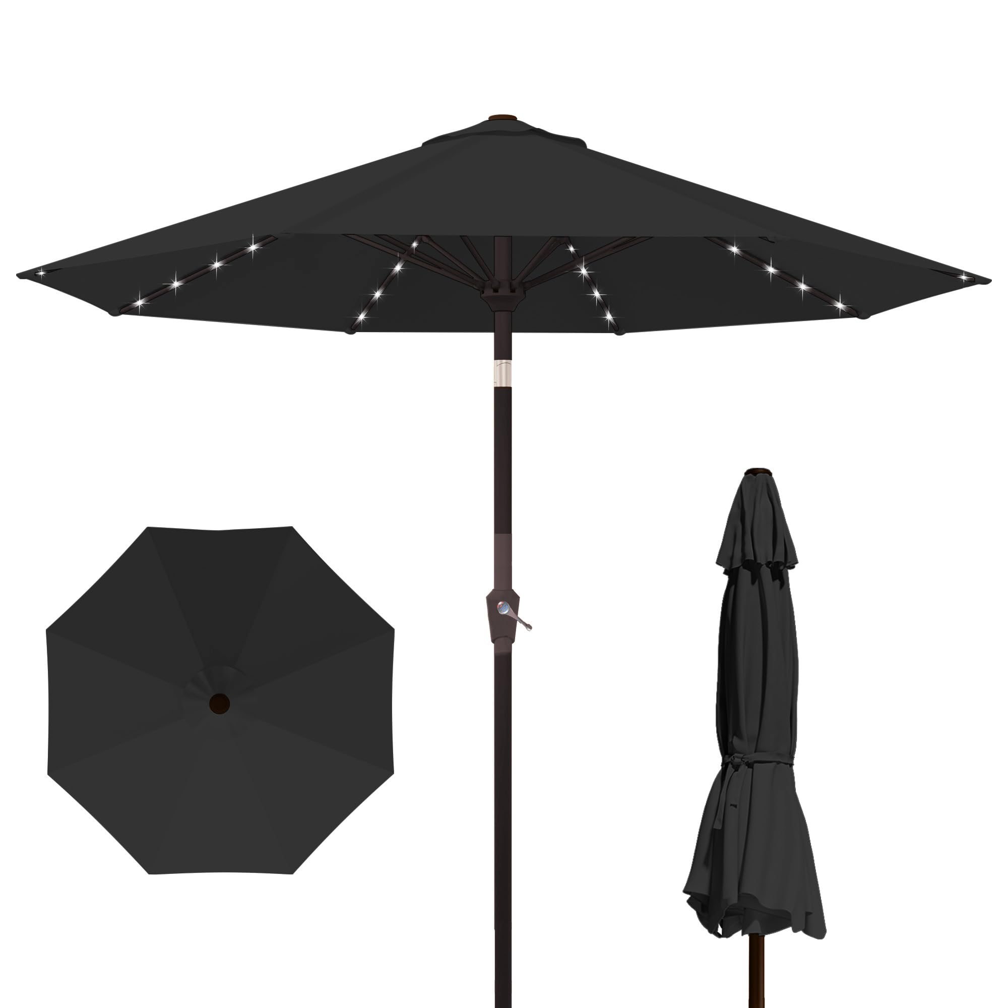 Photo 1 of **The top solar panel is missing and the umbrella is filthy***Kingdura 9FT Outdoor Patio Umbrella with Solar Lights, Market Table Umbrella with Push Button Tilt & Crank, 8 Sturdy Ribs, 32 LED Lights, UV Protection for Garden Lawn Deck Backyard Pool (Black