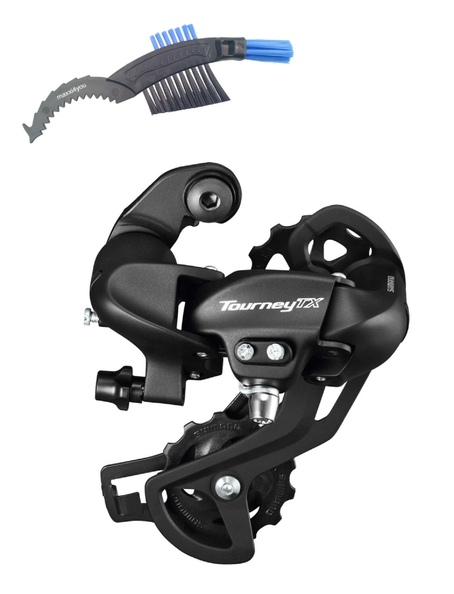 maxxi4you Shimano Tourney TX RD-TX800 Schaltwerk 7/8-fach zur Direktmontage Schwarz inkl Fahrrad Kettenbürste