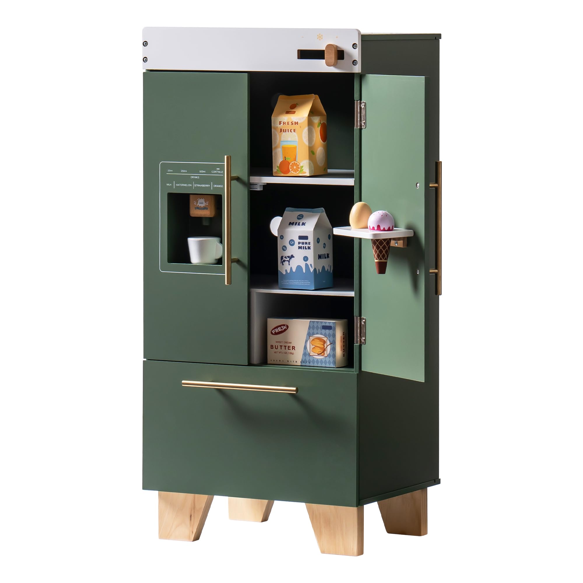 ROBOTIME Refrigerador De Juguete De Madera Estilo Vintage Verde – Con Dispensador De Hielo Y Accesorios, Para Cocina Infantil A Partir De 3 Años