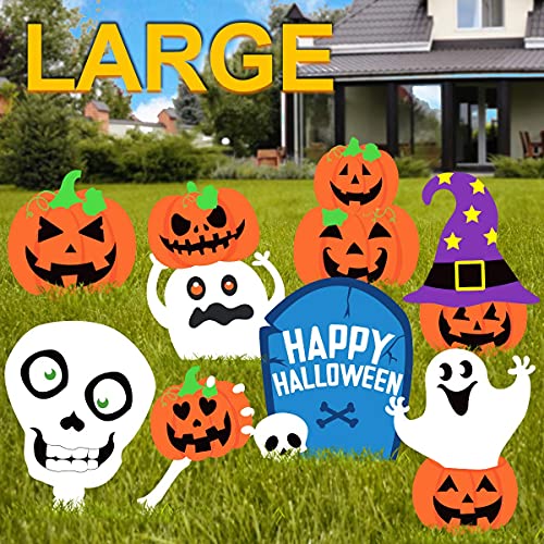 Pawliss Halloween Decorations Outdoor, Extra Large 8ct Pumpkins Skeleton and Ghost Corrugate Yard Signs with Stake, Family Friendly Trick or Treat Party Plastic Decor