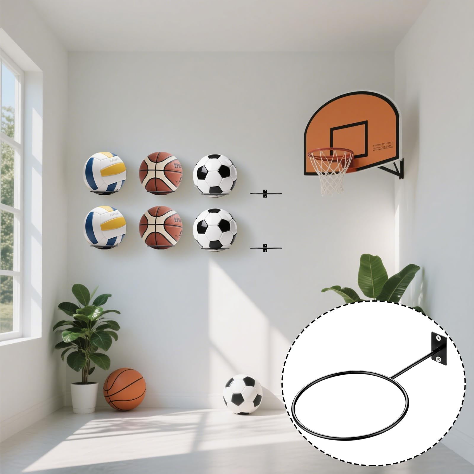 Soporte de pared para pelotas de baloncesto, voleibol, fútbol y rugby con tornillos