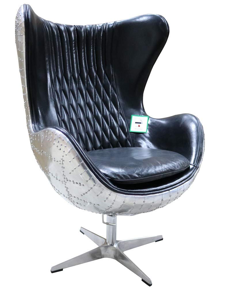 Designer Sofas4u Aviator Retro Swivel Egg Aluminium Black Distressed Real Leather Armchair
