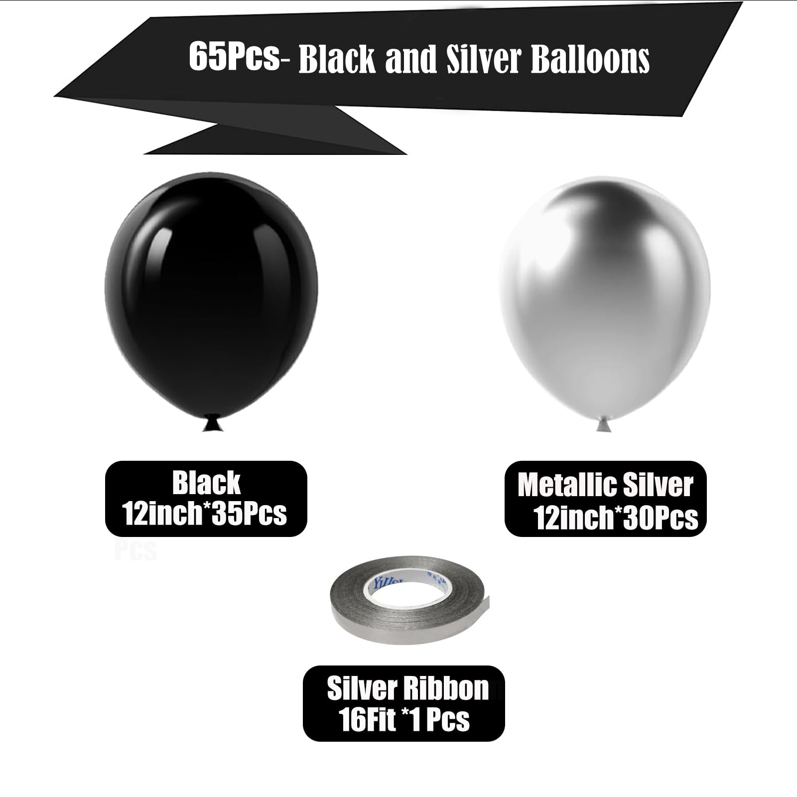 Black and Silver Balloons,65PCS 12 Inch Metallic Chrome Silver and Black Latex Balloons for Birthday Graduation Anniversary Party Decorations