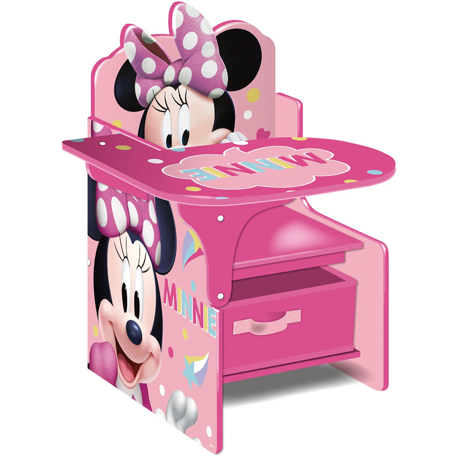 ARDITEX Silla Pupitre Infantil de Minnie Mouse con Cesta de Almacenaje, Silla con Mesa Lateral de Madera y Contenedor Textil con Asa para Guardar Cosas, 52 x 60 x 50 cm, Rosa
