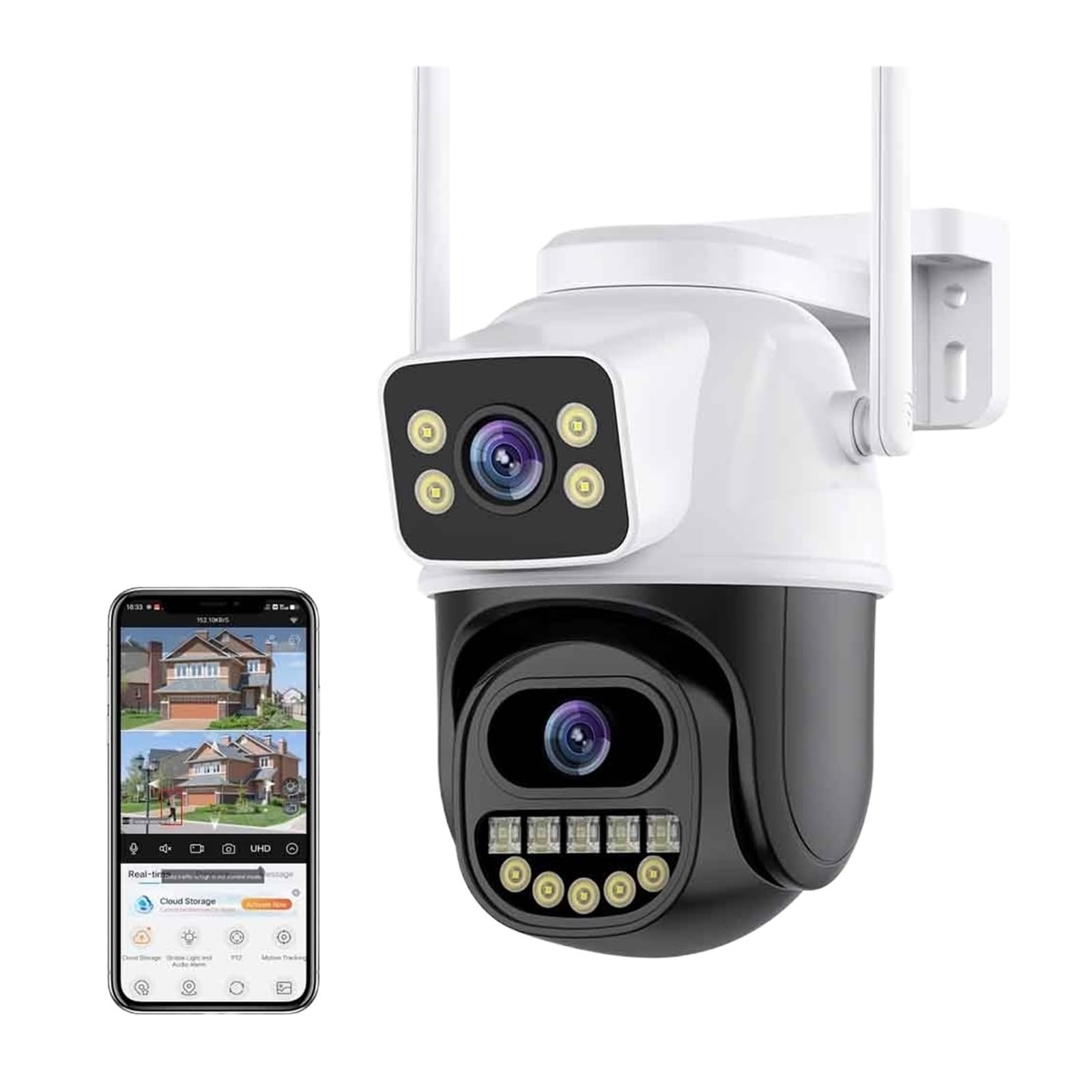 MKHJKIOII Security Camera, 8MP 4K Dual Lens PTZ IP Camera With Screen 4MP Ai Human Detection Auto Tracking Wireless Outdoor Surveillance(4MP ADD 128G)