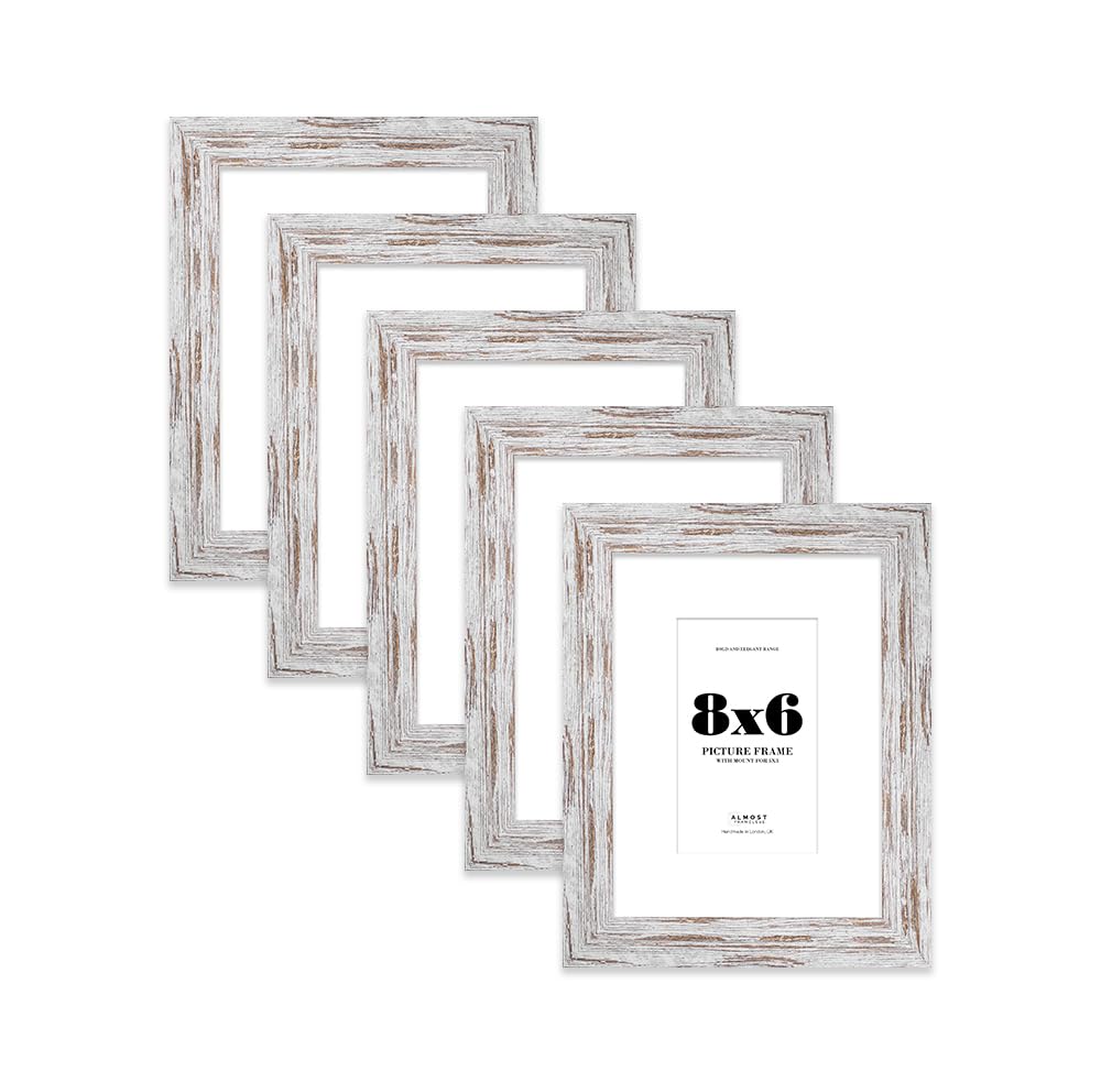 8x6 Distressed Wood Frame With Mount for 5x3 Pictures 28mm Edge Portrait and Landscape Display with Wall Hooks and Kickstand, 5 Pack