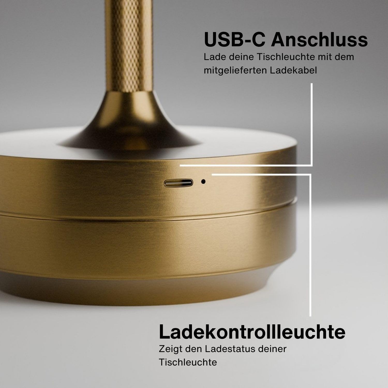 TAP Light Retro Tischlampe Gold Dimmbar I Aluminium Vintage Lampe mit modernem Design I 28cm Hoch Akku betrieben I Elegante Nachttischlampe egal für Wohnzimmer, Esszimmer& Schlafzimmer