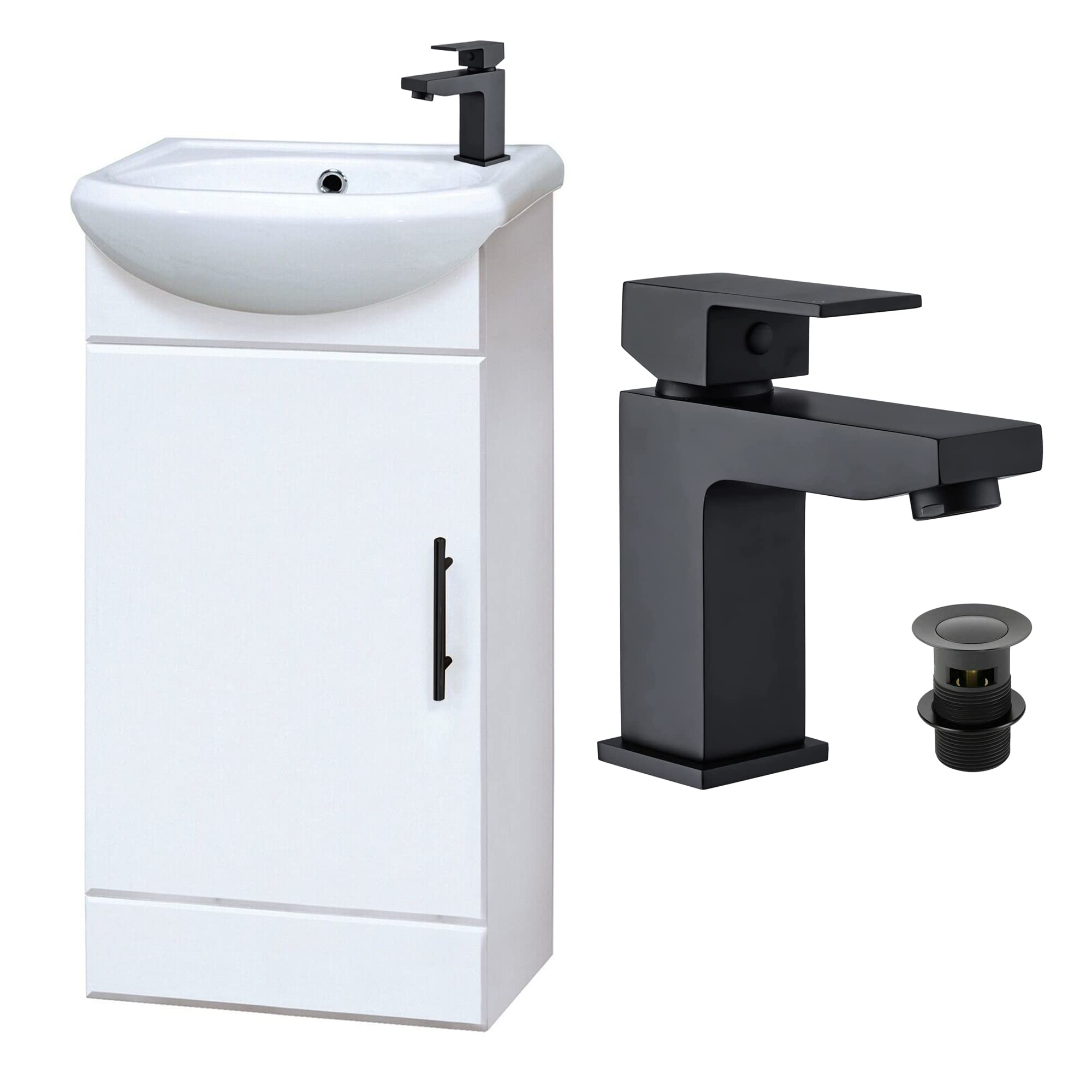 White Vanity Unit Including Ceramic Basin & Matt Black Tap With Waste | Rectangular 1-Door With 1-Tap Hole Right Hand Basin | Bathroom Cloakroom Vanity Unit With Matt Black Tap - D: 29 X W: 42 X H: 82 Cm