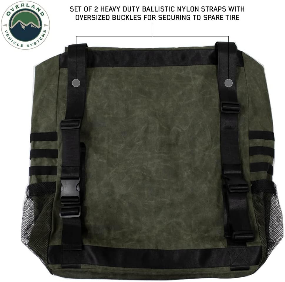 Overland Vehicle Systems Extra Large Trash Bag Tire Mount - #16 Waxed Canvas Universal - Infused with Paraffin Wax Waterproofing - Large Drainage Holes - 30 Gallon Trash Bag Capacity