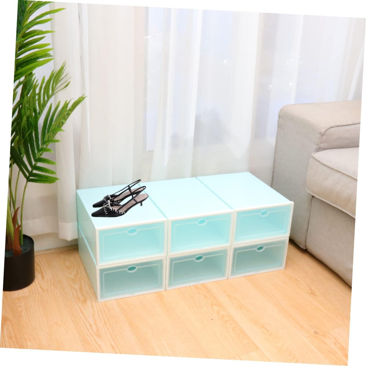 6pcs Stackable Shoe Storage Box White Frame Thicken Plastic Container for Sneakers High Heels and Boots for Closet and Entryway Organization