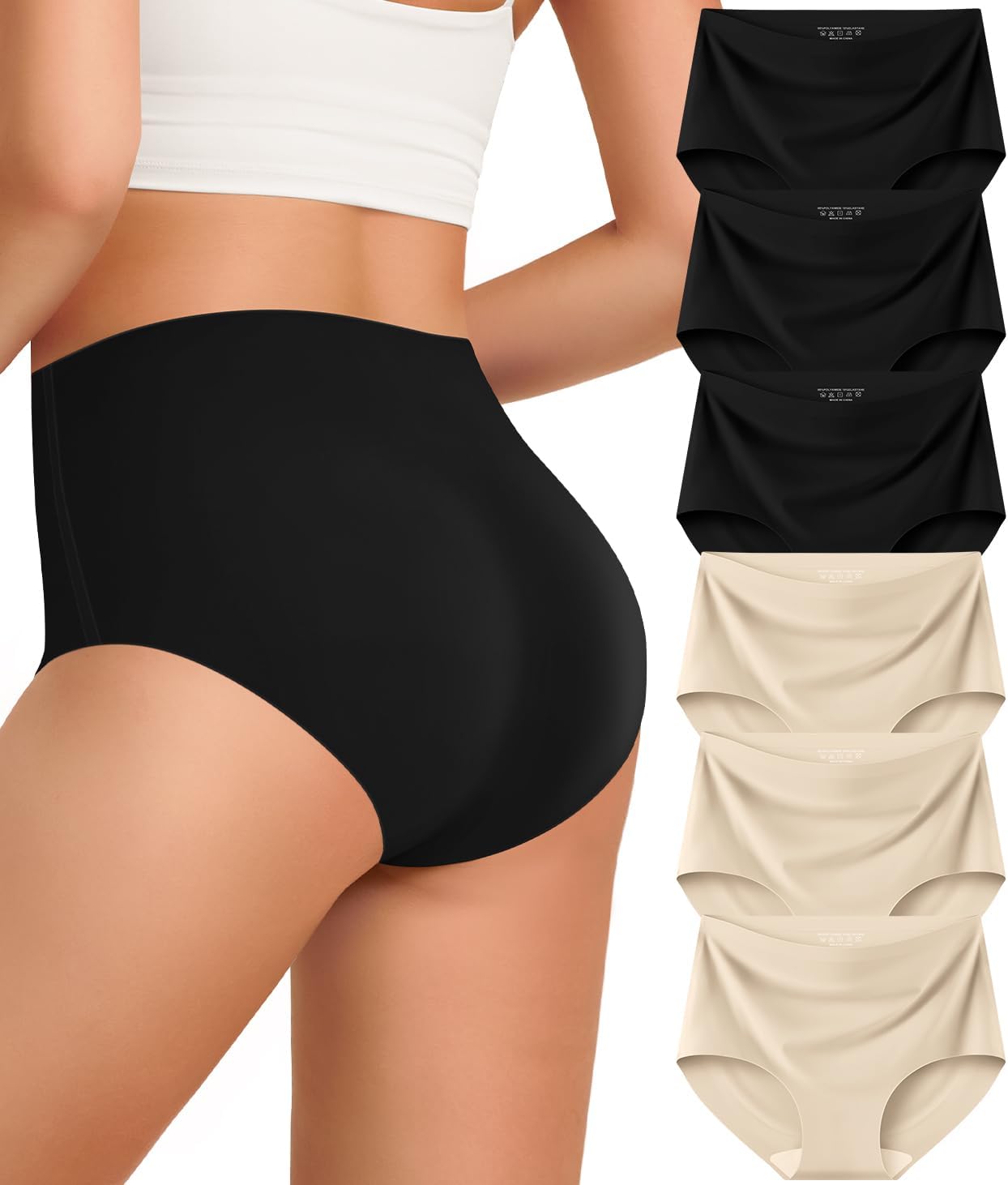 Kalapa Womens Underwear Seamless Full Coverage Breathable Briefs No Show Silky Stretch High Waisted Ladies Panties 6 Pack (US, Alpha, X-Small, Regular, Regular, 3 Black 3 Nude)