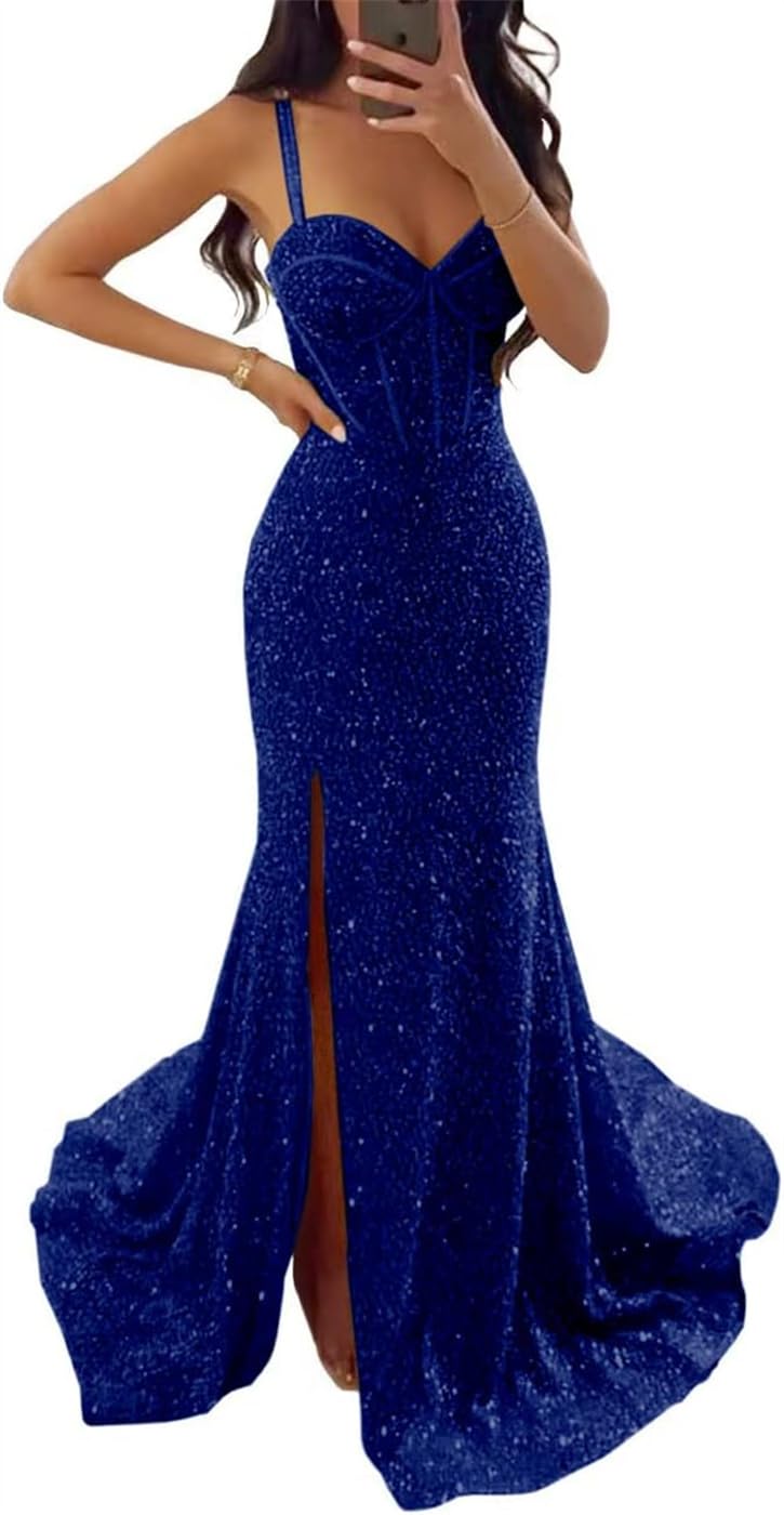 Hppee Women's Royal Blue Sparkly Sequin Prom Dresses For Teens With Slit Strapless Elegant Mermaid Formal Dress Pageant Gown Uk10
