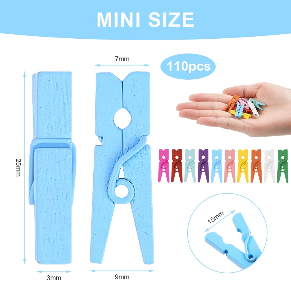Vicloon Mini Wooden Pegs, 110 Pcs Colorful Mini Photo Clips, Perfect for DIY Decorations Arts and Crafts, Weddings, Events - Image 2