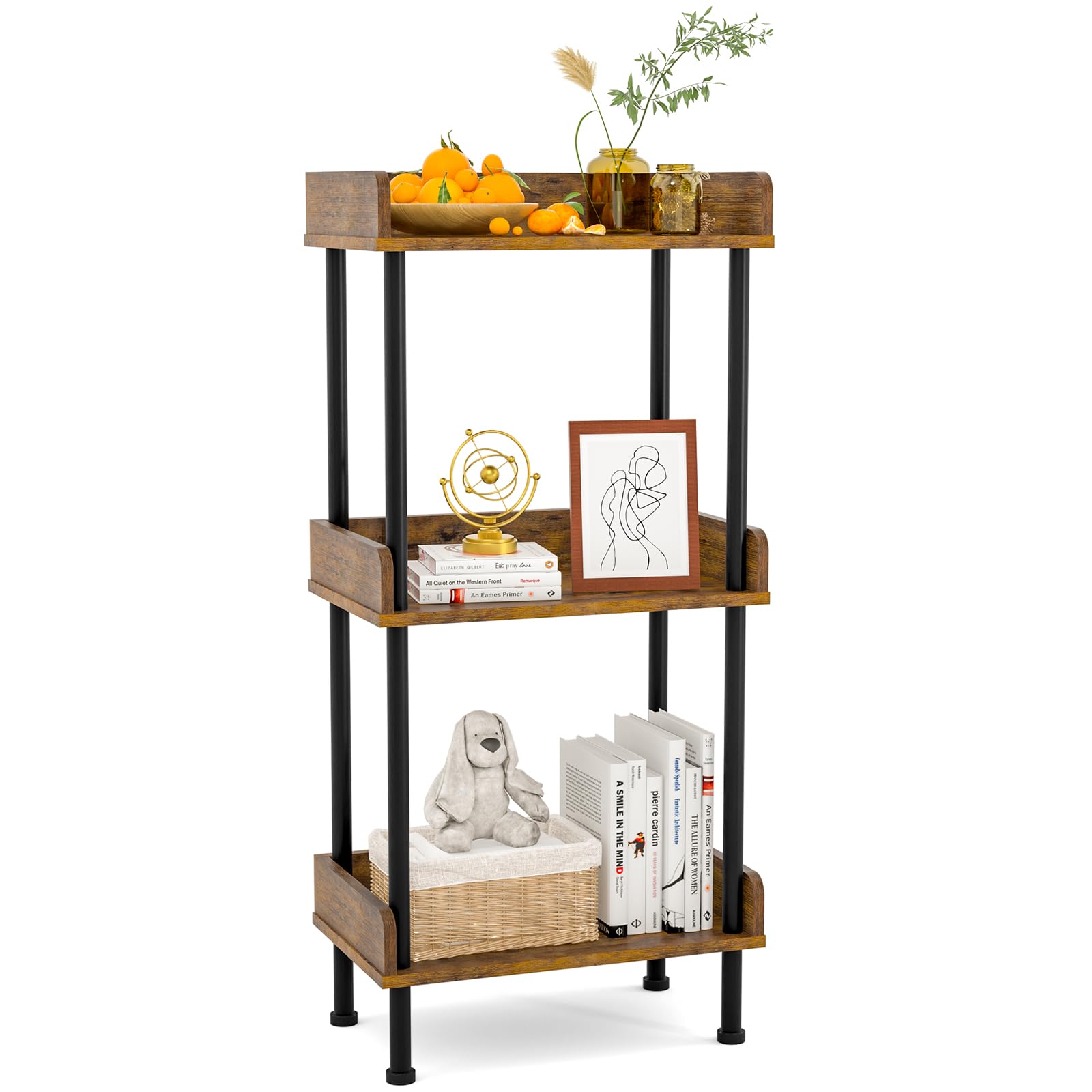 Suhu Bücherregal mit 3 Ebenen Küche Standregal Holzregale und Metallrahmen, Modernes Regal für Wohnzimmer Schlafzimmer Balkon Schwarz + Braun