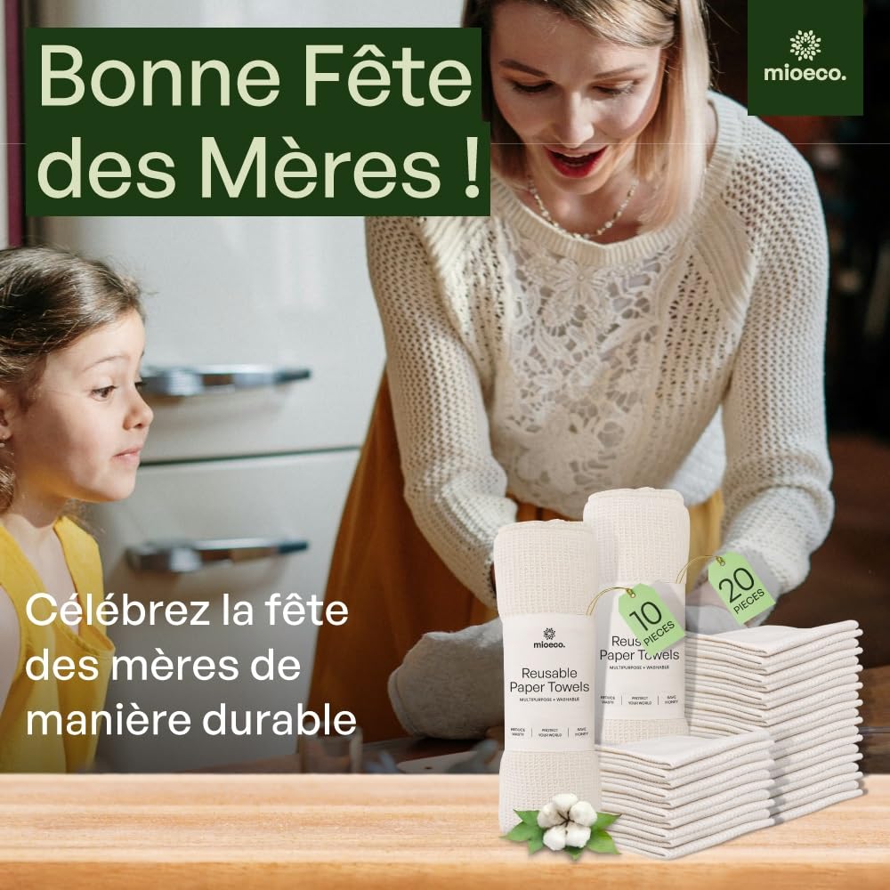 Mioeco Lot de 20 Essuie-Tout Réutilisables – Sopalin Lavable en Coton Bio – Alternative Durable aux Essuie-Tout Jetables – Ultra Absorbant, Résistant & Écologique