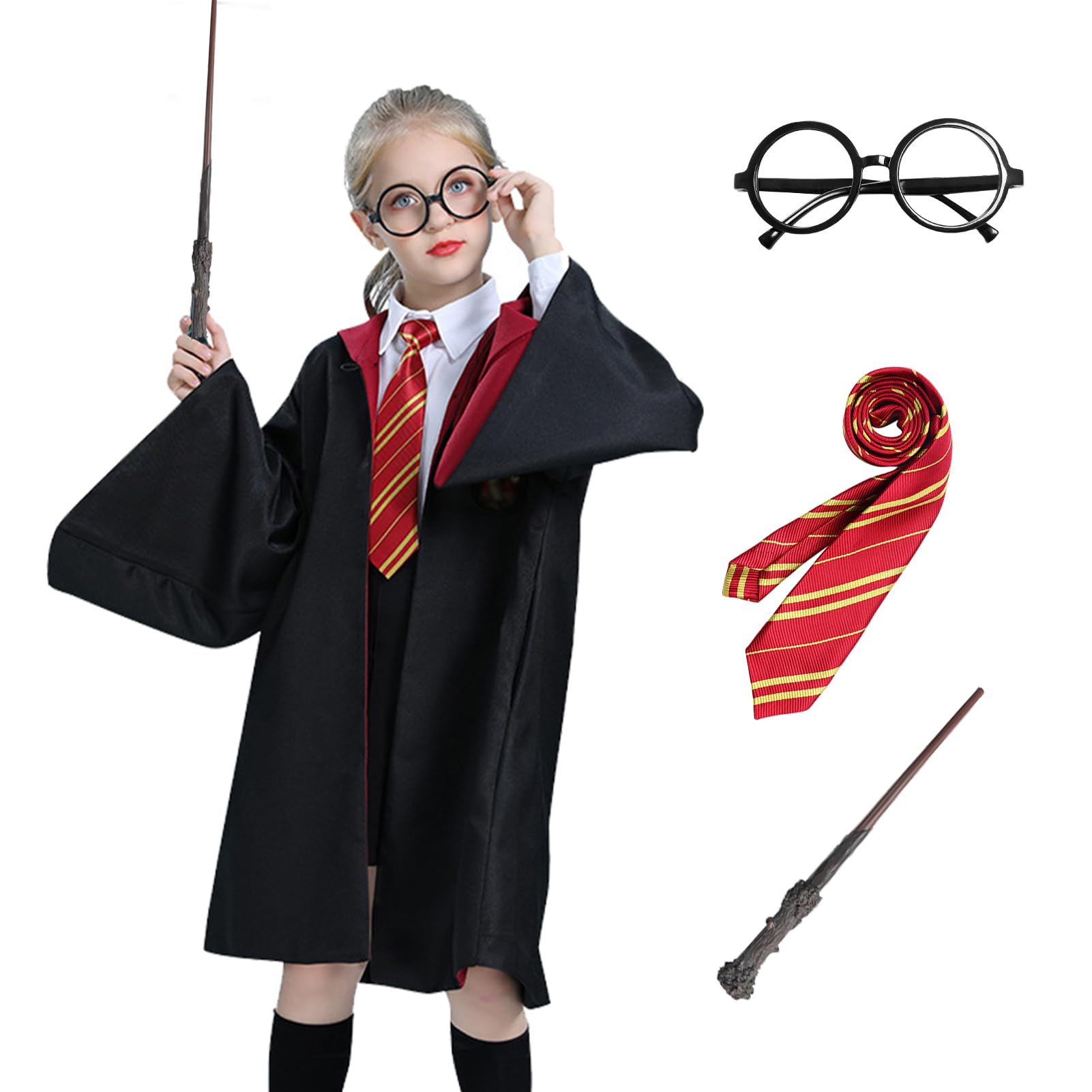 Aleshime Childs Wizard Costume - Black Hooded Robe with Glasses, Striped Tie and Branch Wand - Kids World Book Day Book Week Halloween Fancy Dress Costume Outfit