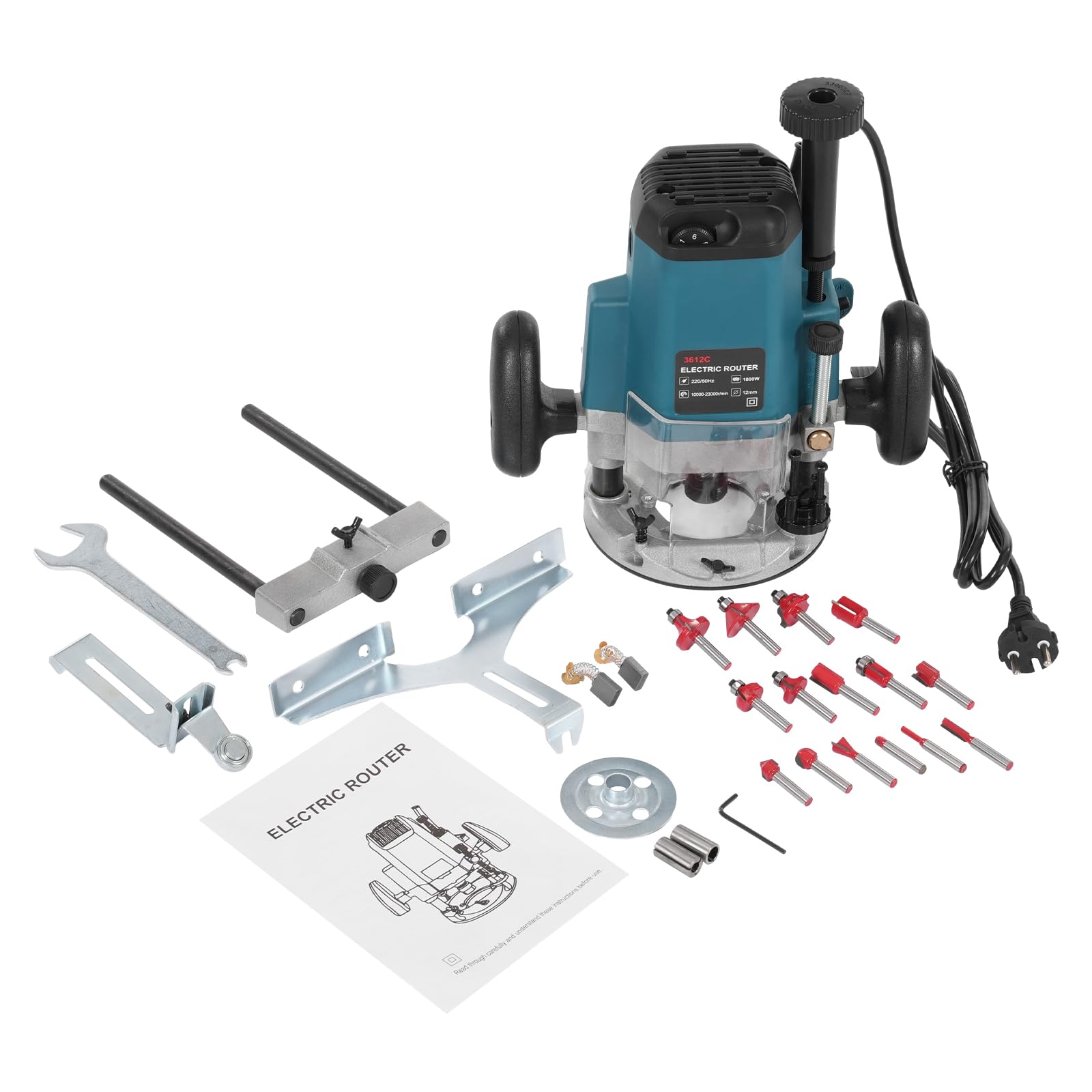 Frezarka do frezarki górnowrzecionowej 2200 W, elektryczna ręczna frezarka górnowrzecionowa, frezarka krawędziowa, do drewna, kompaktowy router do drewna, z 15 frezami, 10000-23000 obr./min, 6