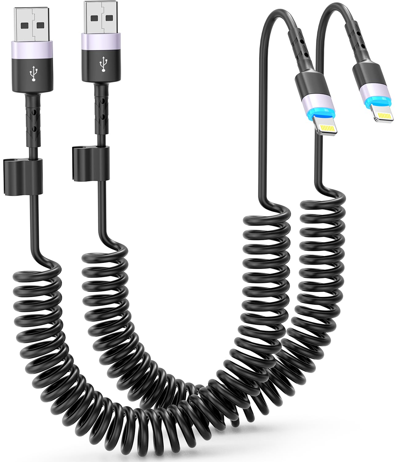 Cable Lightning en espiral, 2 unidades, 3 pies, cable iPhone para automóvil, Apple CarPlay certificado MFi, carga corta USB a Lightning compatible