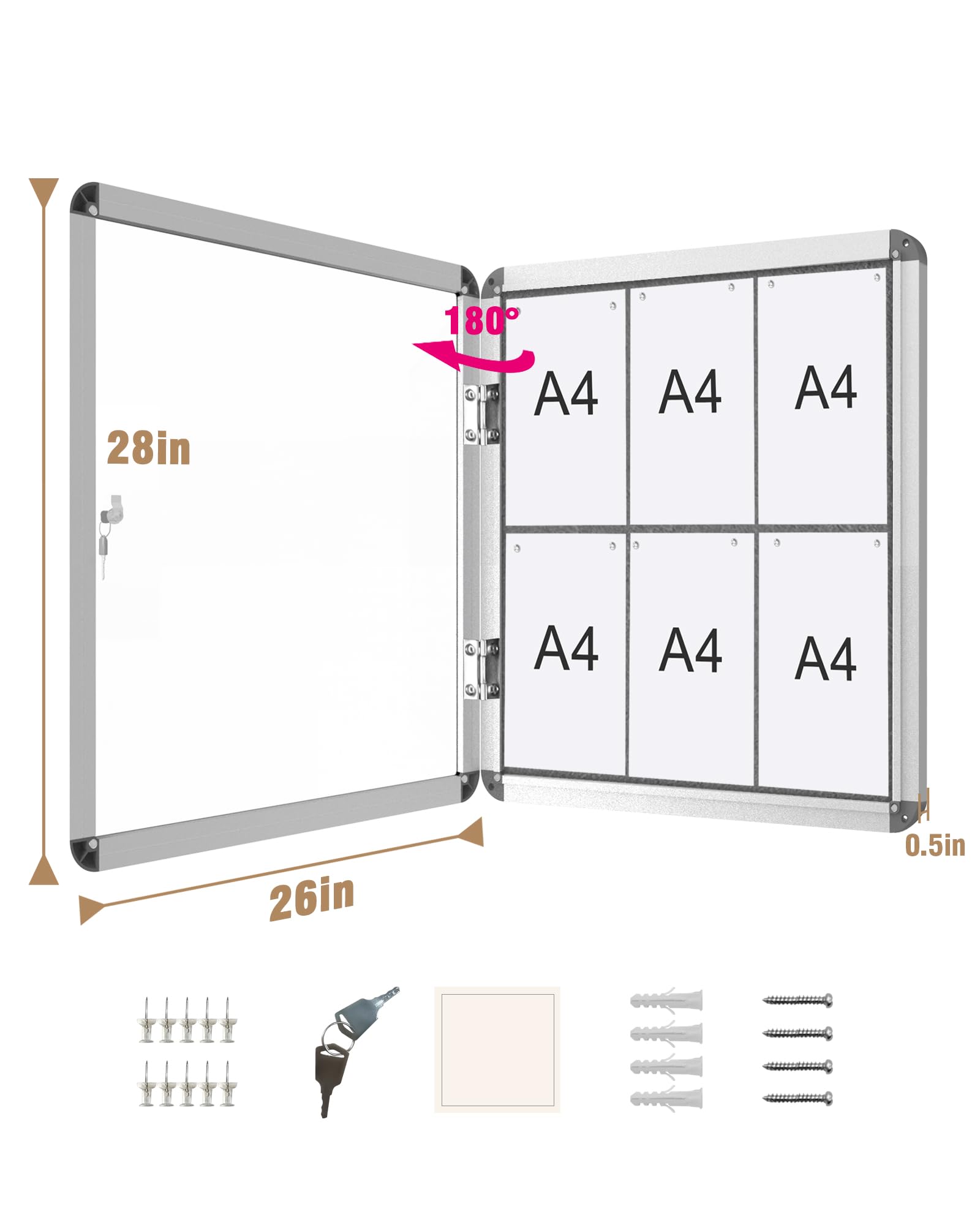 Tableau D'affichage En Liège Fermé De 71,1 X 66 Cm, Tableau D'affichage Mural Sécurisé Avec Serrure, Cadre En Aluminium Argenté, Portes Battantes En